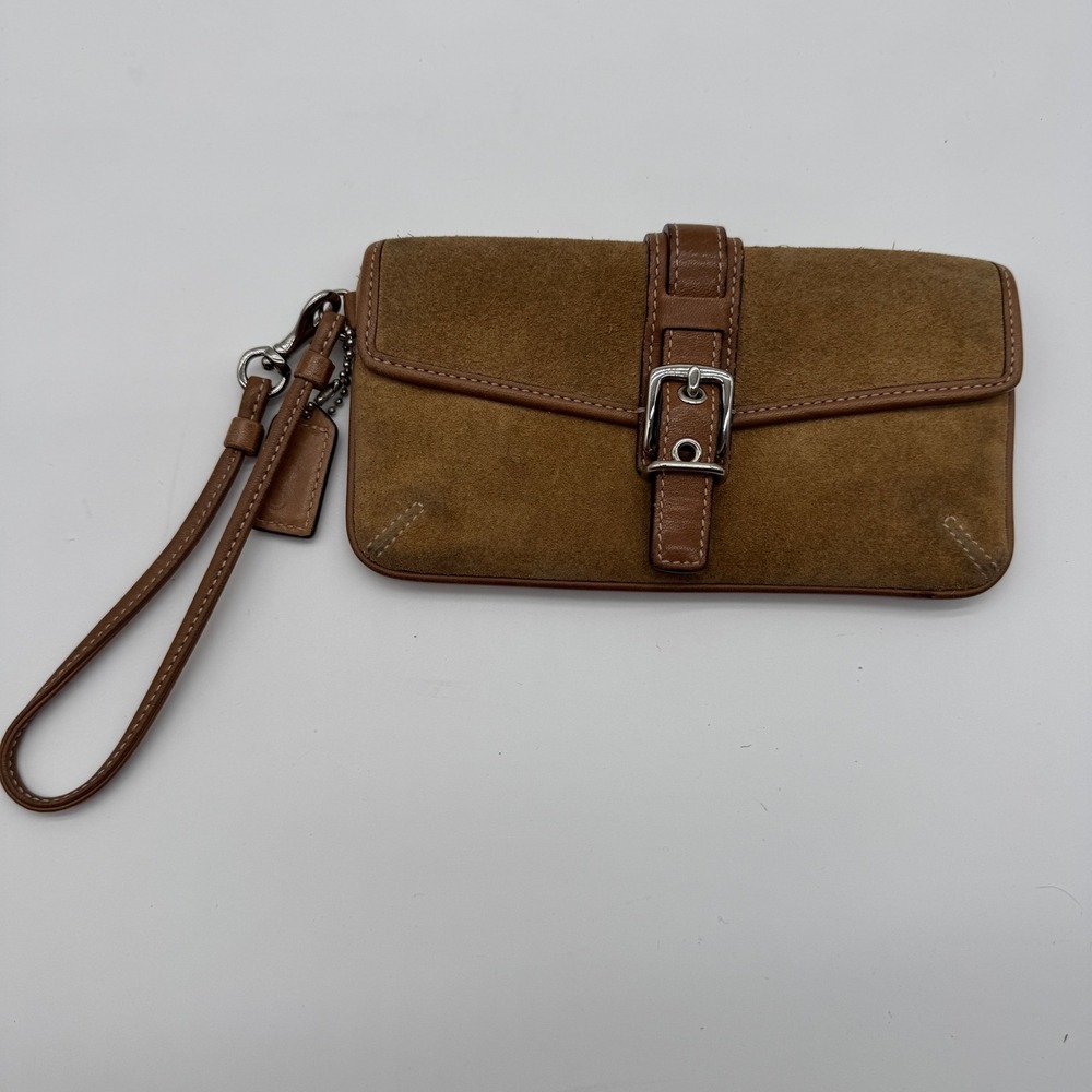 Vintage Y2K Coach Suede Leather Small Tan‎ Brown Wristlet Clutch Bag Buckle